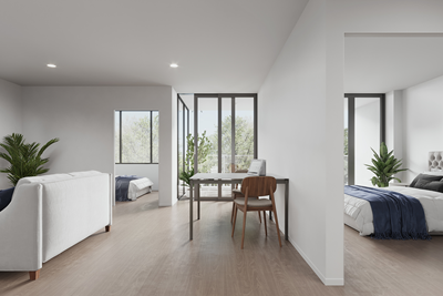 Accessible living area and bedroom with access to balcony in Lifestyle Solutions specialist disability self-contained apartment in Macquarie, ACT