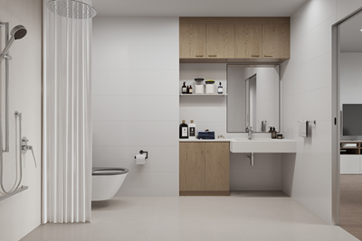 Accessible bathroom with toilet, shower and sink in Lifestyle Solutions specialist disability self-contained apartment in Macquarie, ACT