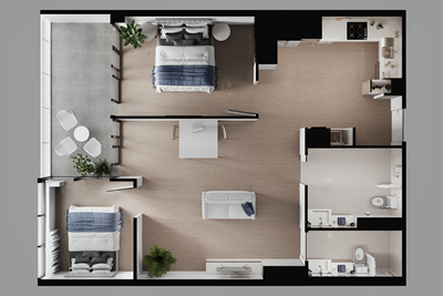 Aerial view of accessible living space in Lifestyle Solutions self-contained specialist disability apartment in Macquarie, ACT