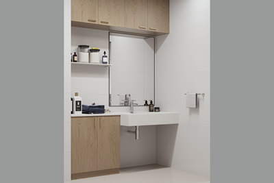 Sink and storage space in bathroom in Lifestyle Solutions specialist disability self-contained apartment in Macquarie, ACT